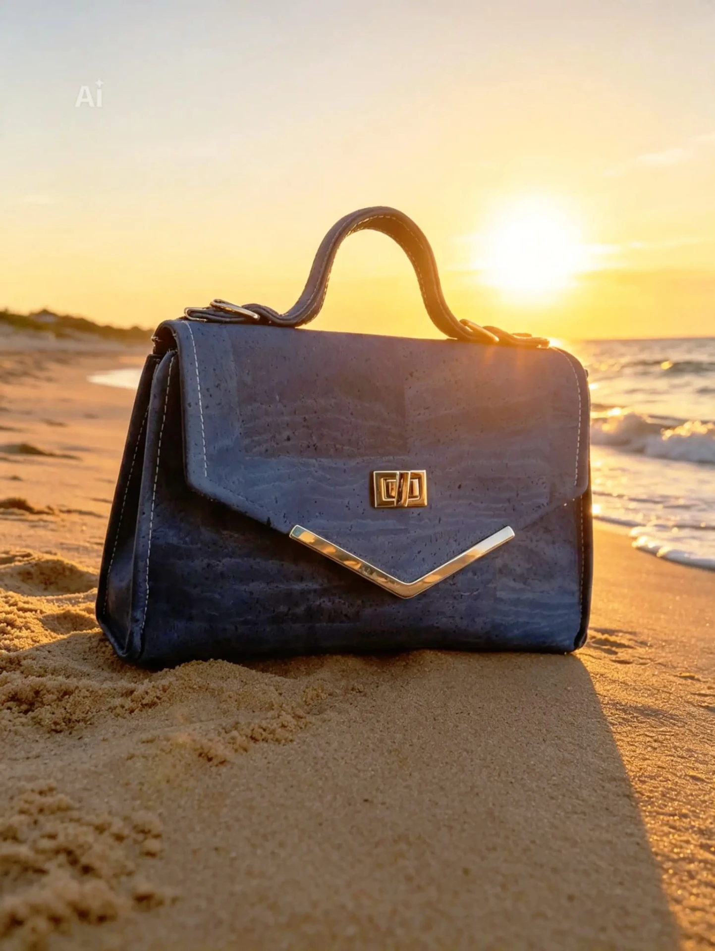Sac Laney Jane en liège bleu photographié au coucher du soleil