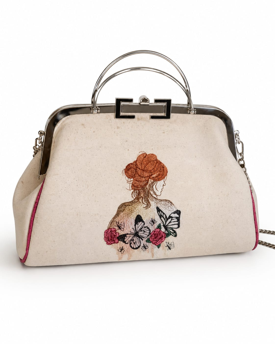 Sac L'Affichette en liège blanc avec broderie fleurie et papillons
